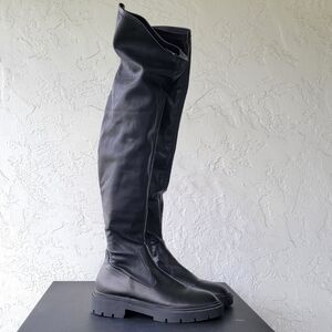 Zara Over The Knee High Sock Boots Black Faux Leather Size 41 Retro